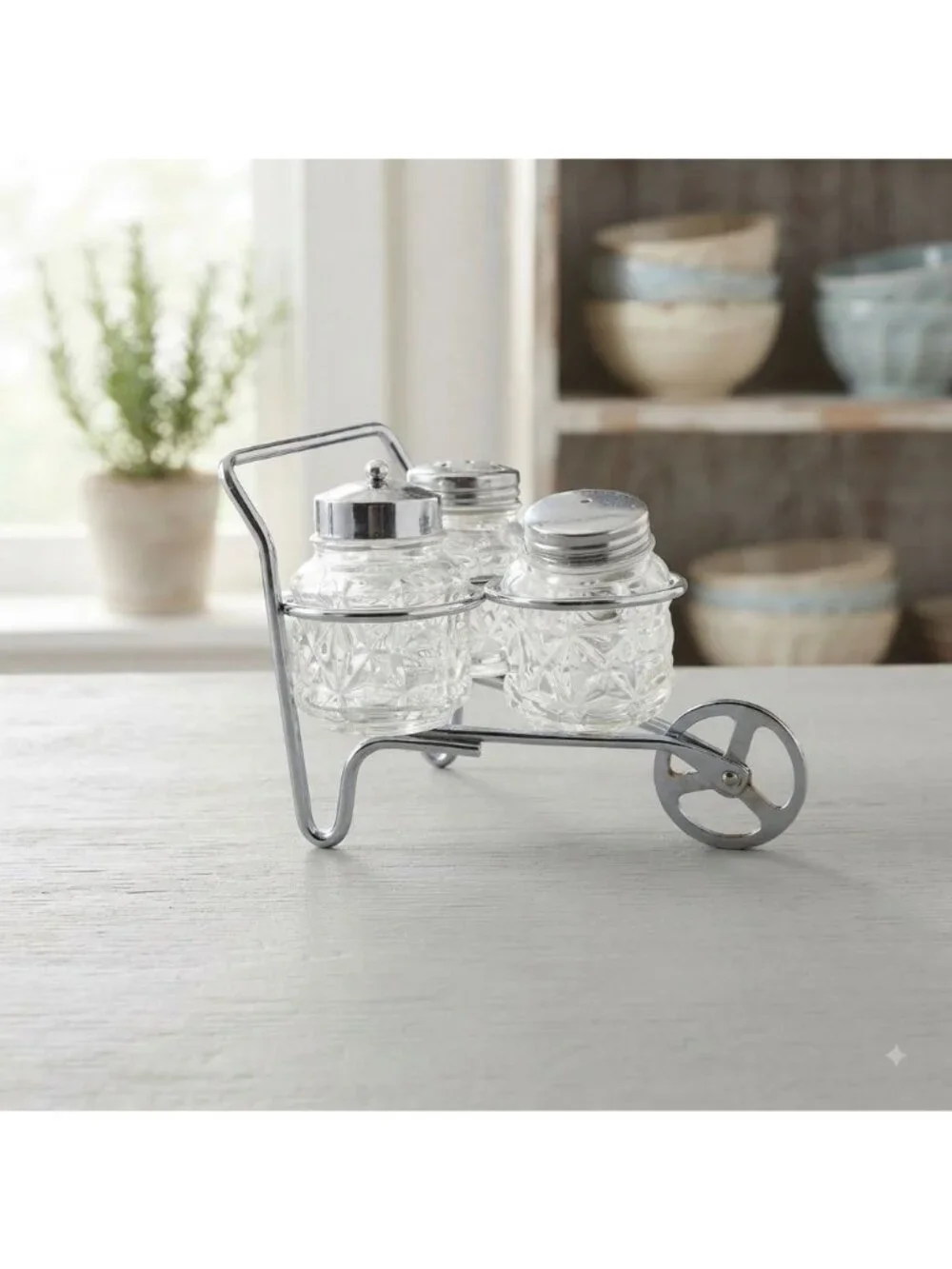 Mid Century Diamond Cut Glass Cruet Caddy Set Novelty Chrome Wheelbarrow 6